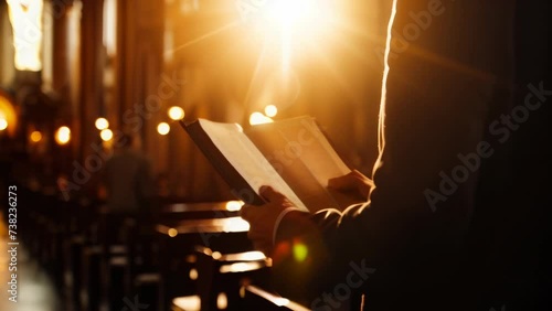 A pastor reading the Bible in a church before a service, Bible, blurred background, with copy space photo