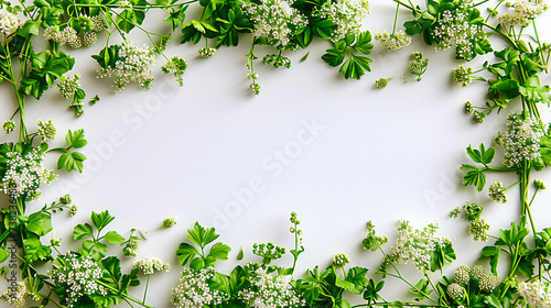 Fresh Green Herbs and Plants on White Background, Concept of Natural Ingredients and Healthy Food, Top View Layout for Spring and Summer