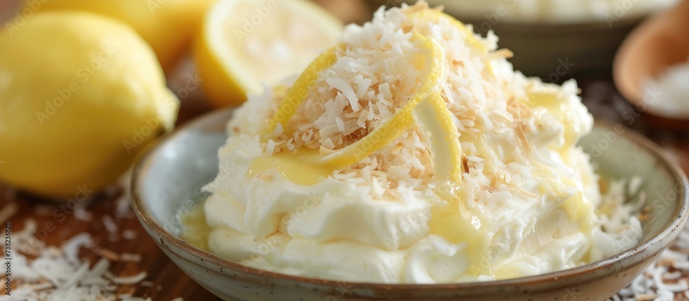 Layered vanilla cake topped with lemon and coconut, served on a plate.