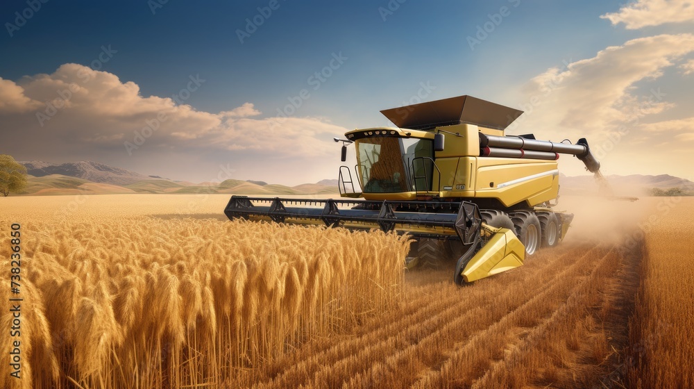 Fototapeta premium Front View of our Big Modern Combine Harvester in a Golden Wheat Field