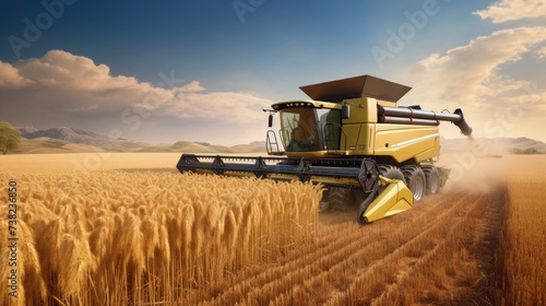 Front View of our Big Modern Combine Harvester in a Golden Wheat Field