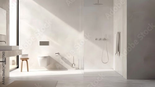 Contemporary White Bathroom with Frameless Glass-Panel Shower AI Generated.