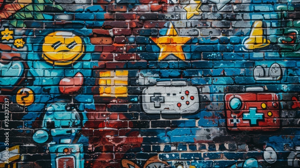 90s gaming icons made on the wall with graffiti