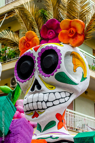 Giant Carnival Float with a Decorated Skull During Celebration of the Annual Parade in Patra City Streets., Greece. Painted Skeleton Refers to the Day of the Dead.
