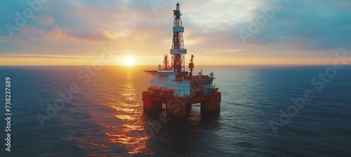 Offshore oil rig platform in open sea at dusk with blue ocean water and drilling equipment photo