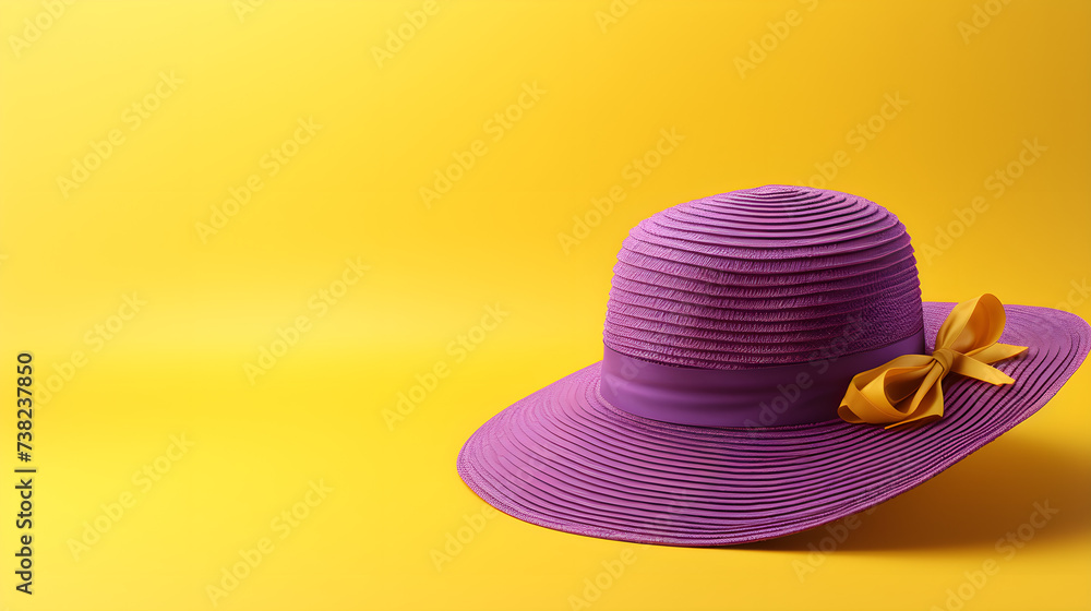 Summer banner. Items of summer women's clothing. Purple straw hat with yellow bow isolated on yellow background with copy space. The concept of summer beach vacation. Summer banner. Items of summer women's clothing. Purple straw hat with yellow bow isolated on yellow background with copy space. The concept of summer beach vacation.