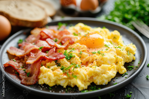 Appetizing scrambled eggs and bacon 