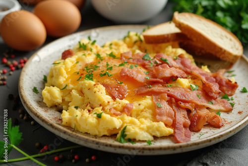 Appetizing scrambled eggs and bacon 