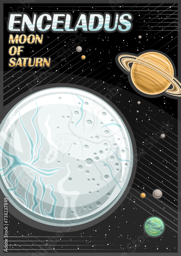 Vector Poster for Enceladus, vertical banner with illustration of rotating blue moon, around cartoon saturn planet on dark starry background, fantasy cosmo leaflet with words enceladus moon of saturn