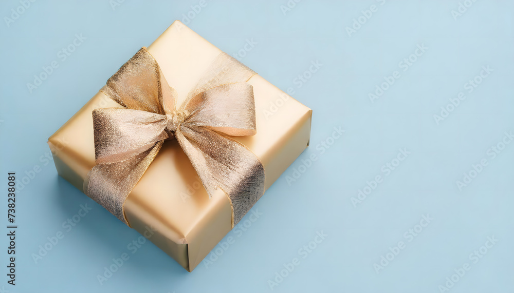 Stylish Blue Gift Box with a Golden Bow on a Blue Background for Father's Day with copyspace Stylish Blue Gift Box with a Golden Bow on a Blue Background for Father's Day with copyspace