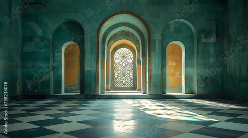 Sunlit, ornate room with checkered floors and arched windows. photo