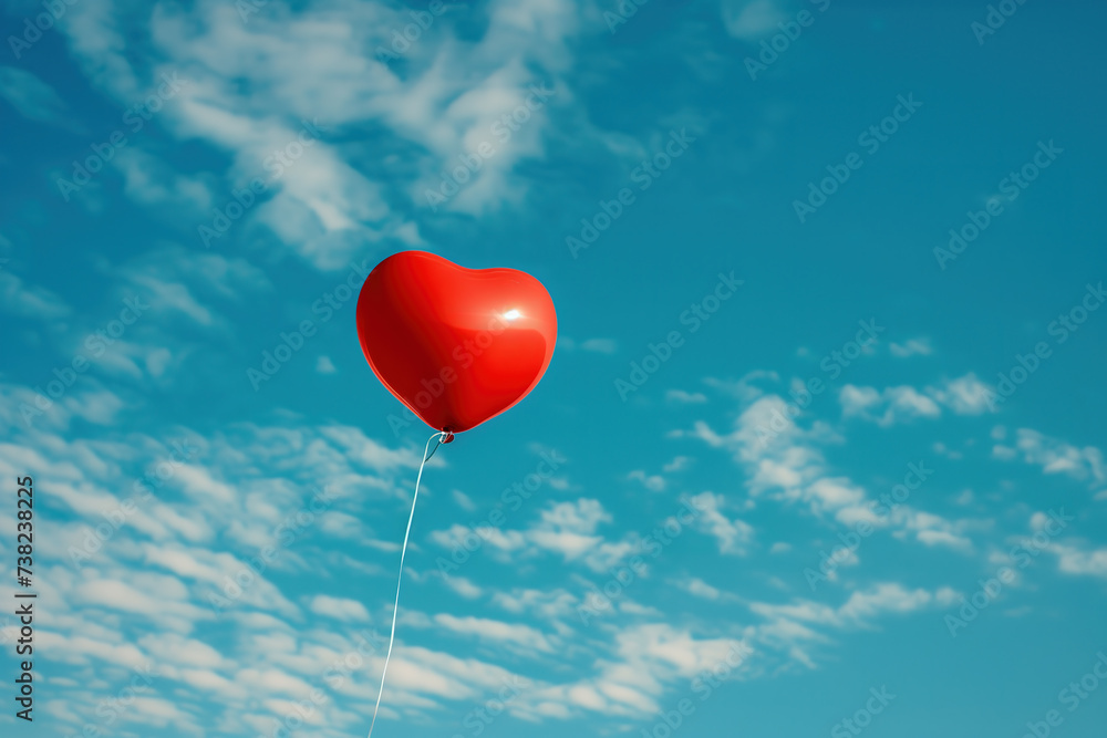 A red heart balloon is floating in a blue sky 