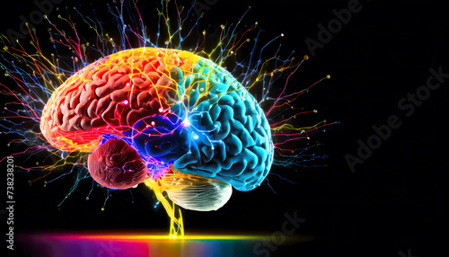 ADHD in Colors: Electric Bursts Illustrating a Colorful Brain on a Black Background with Copyspace