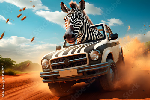 Zebra driving a car in the safari