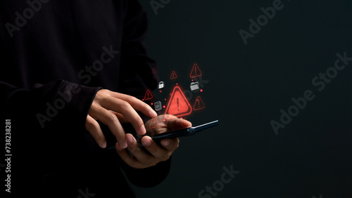 Fototapeta Naklejka Na Ścianę i Meble -  Cyber man using smart phone hack password to software server online security warning dangerous developer website finance network.