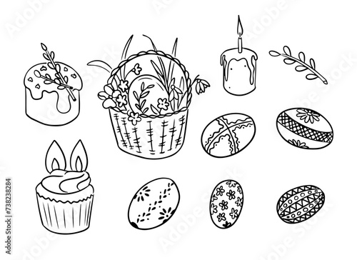 Contour hand drawn doodle Easter set. Easter eggs and sweet food. Contour sketchy easter cake, cupcake and basket with egg on white background. Ideal for coloring pages, tattoo, pattern