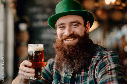 Happy smiling Bearded man dressed for St. Patrick's day celebration drinking a pint of beer