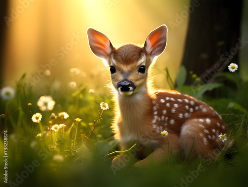 Adorable newborn white-tailed younng deer fawn sitting in summer woods clearing