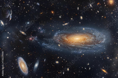 High-quality stock image of a detailed map of the visible universe, including galaxies, nebulae, and star clusters, for educational purposes.