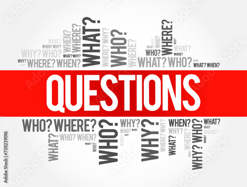 Questions whose answers are considered basic in information gathering or problem solving, word cloud background