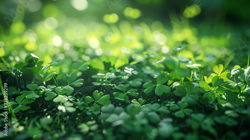 Green background with three-leaved shamrocks, Lucky Irish Four Leaf Clover in the Field for St. Patrick's Day holiday symbol. with three-leaved shamrocks, St. Patrick's day holiday, Generative Ai