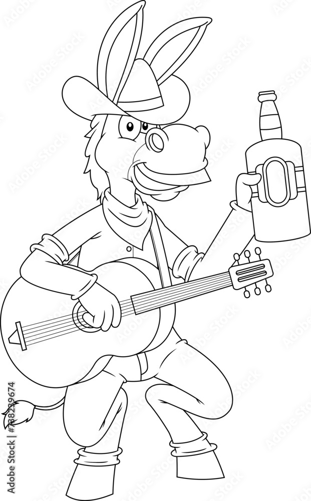 Fototapeta premium Outlined Donkey Jackass Cowboy Cartoon Character With Guitar And Whiskey Bottle. Vector Hand Drawn Illustration Isolated On Transparent Background