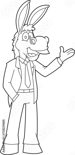 Outlined Business Donkey Jackass Cartoon Character Talking. Vector Hand Drawn Illustration Isolated On Transparent Background