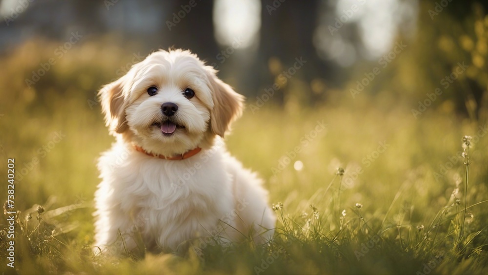   Happy little  havanese puppy dog is sitting in the grass 