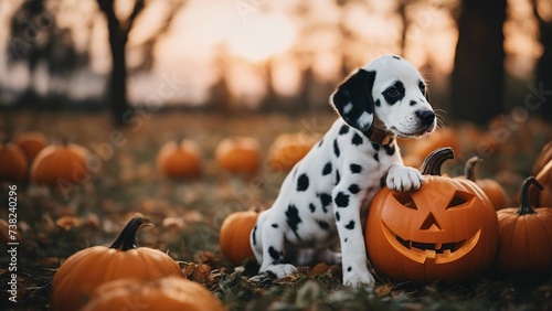 jack o lantern pumpkin Dalmatian puppy on a halloween pumpkin 