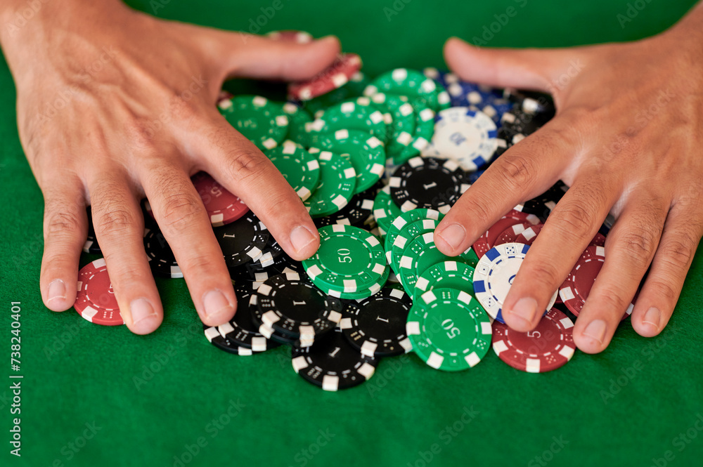 Closeup of hands with casino chips Closeup of hands with casino chips