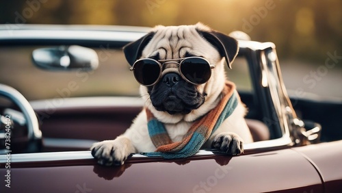 A pug puppy with a comical expression, sitting in a miniature convertible car, with oversized sunglasses  © Jared