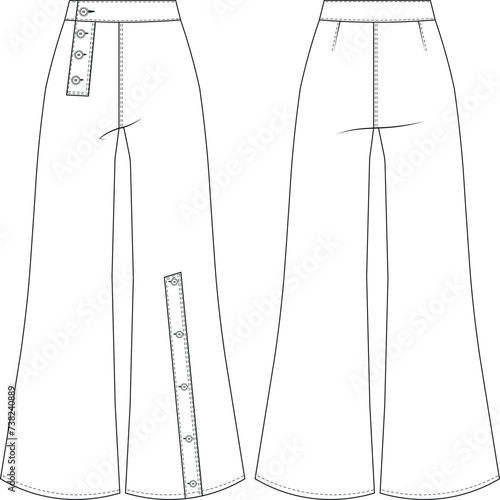 buttoned button placket wide leg saiolor pant trouser sweatpant jean denim template technical drawing flat sketch cad mockup fashion woman design style model
