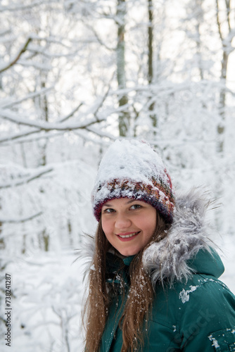 Winter Portrait: Woman Smiling in Snowy Woodland