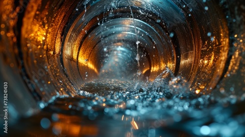 Inside view of water flowing through a pipeline, dynamic and immersive perspective