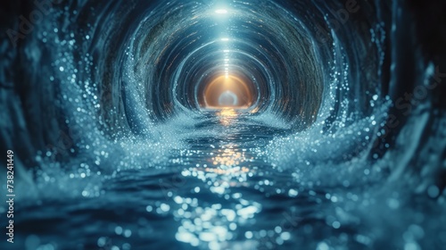 Inside view of water flowing through a pipeline, dynamic and immersive perspective