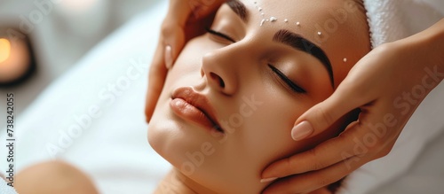 The beautician performs an anti-aging face massage on a young woman, seen up close.