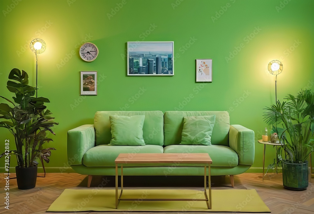 A luxurious living room with a green sofa and decor, light green walls, decor in a greenish color A luxurious living room with a green sofa and decor, light green walls, decor in a greenish color