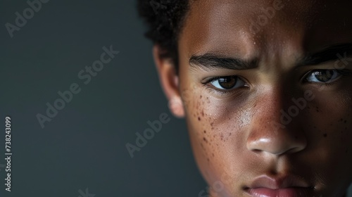 A teenage biracial boy his face a mixture of anger and sadness as he recounts experiences of racism and discrimination.
