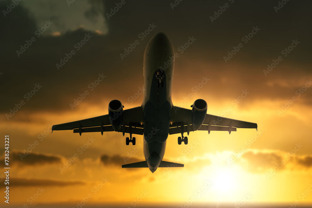 Silhouette of a passenger commercial aircraft against the sunset sky.