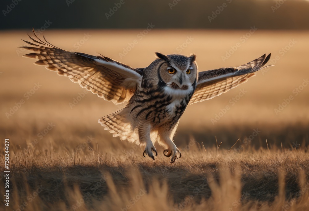 Fototapeta premium Snowy Owl foraging in the sunset steppe