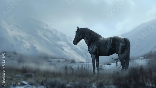 Black stallion with long mane run fast against dramatic sky in snow 