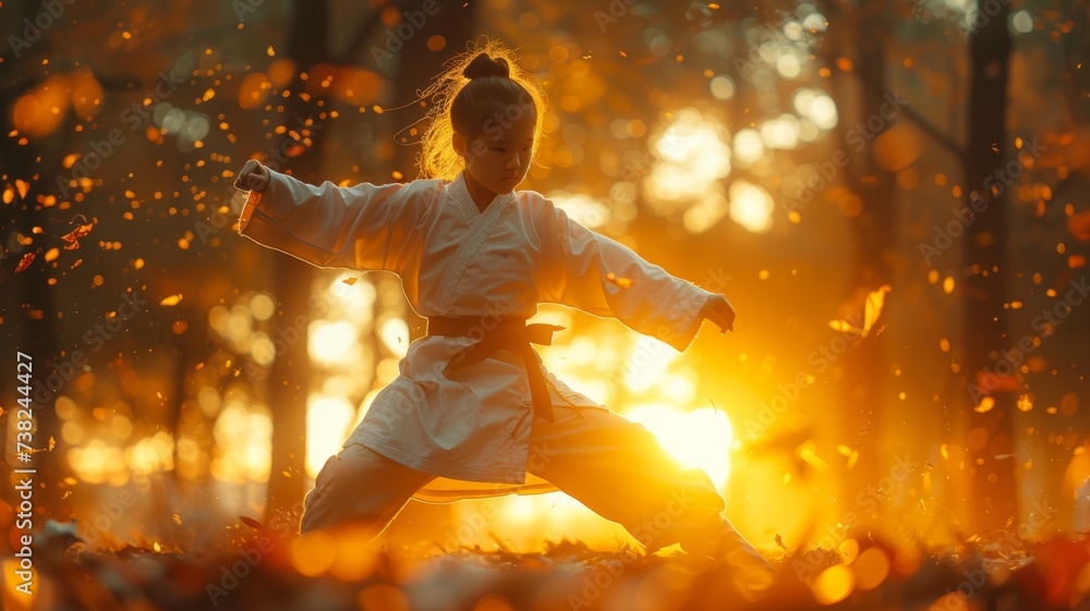 Little girl in taekwondo uniform, sunlight in the park

