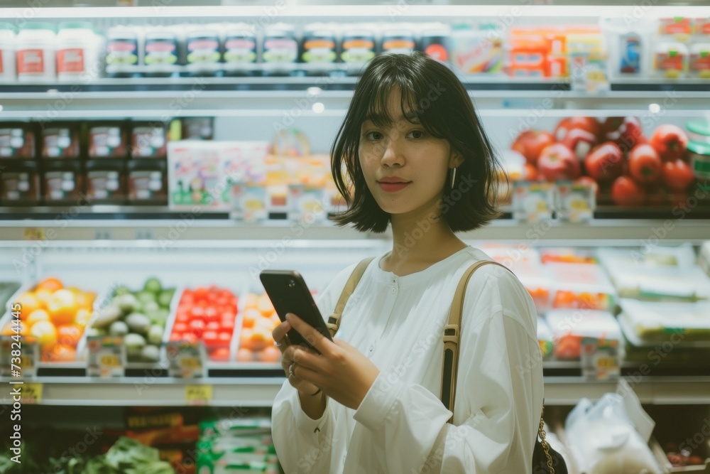 Young woman walking while using her mobile phone in the supermarket and looking at the camera. 