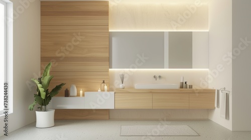 Contemporary Bathroom with Light Wood Accent Wall AI Generated.