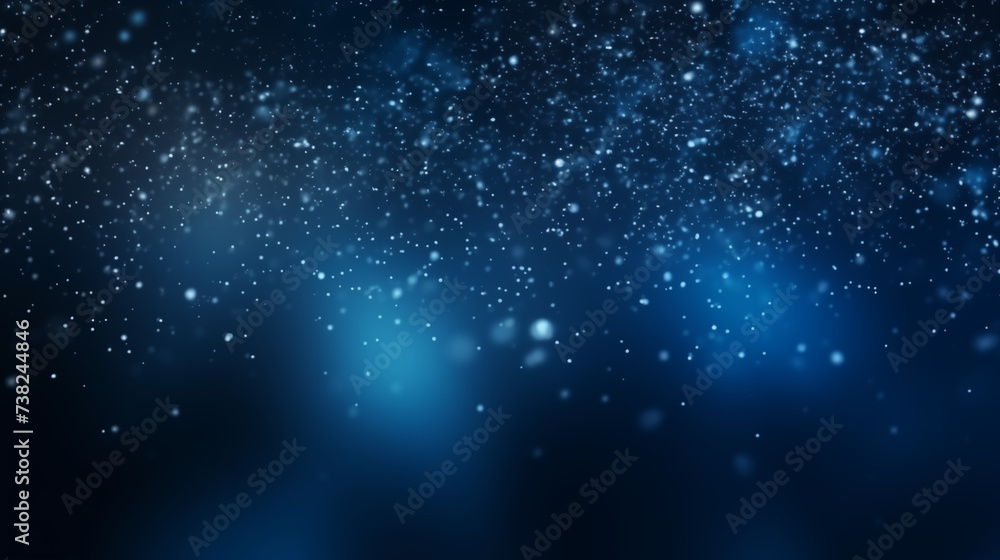 Particules scintillantes et brillantes bleues volant sur fond sombre. Lumière et paillettes flou. Bleu. Fond pour bannière, conception et création graphique.