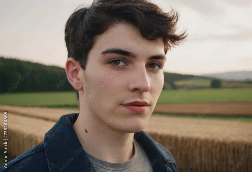 Portrait of a young male farmer, a young man, against the background of farmland Portrait of a young male farmer, a young man, against the background of farmland