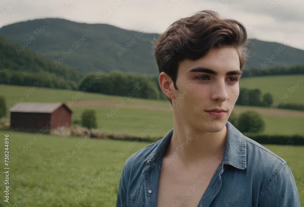 Portrait of a young male farmer, a young man, against the background of farmland Portrait of a young male farmer, a young man, against the background of farmland