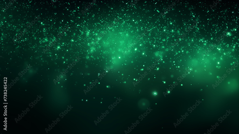 Particules scintillantes et brillantes vertes volant sur fond sombre. Lumière et paillettes flou. Vert. Fond pour bannière, conception et création graphique.