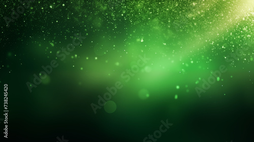 Particules scintillantes et brillantes vertes volant sur fond sombre. Lumière et paillettes flou. Vert. Fond pour bannière, conception et création graphique.