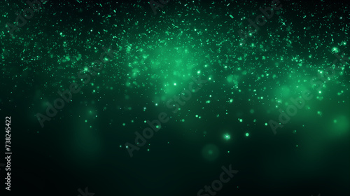 Particules scintillantes et brillantes vertes volant sur fond sombre. Lumière et paillettes flou. Vert. Fond pour bannière, conception et création graphique.